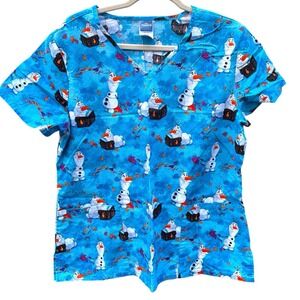 Disney Women's Size Large Frozen 2 Scrub Top Blue Olaf Cartoon Movie Medical